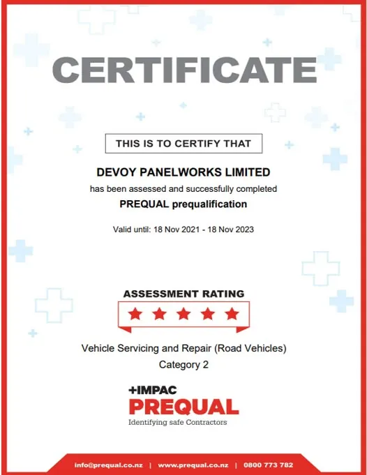 PREQUAL 5-star certificate issued to Devoy Panelworks.
